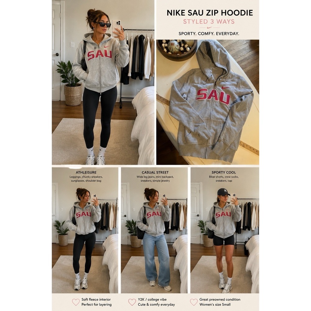Nike SAU Full Zip Hoodie Women Small Gray Fleece Sweatshirt Spellout‎ Swoosh